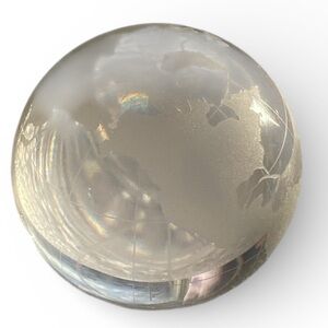Etched World Globe Crystal & Frosted Glass Paperweight Signed .